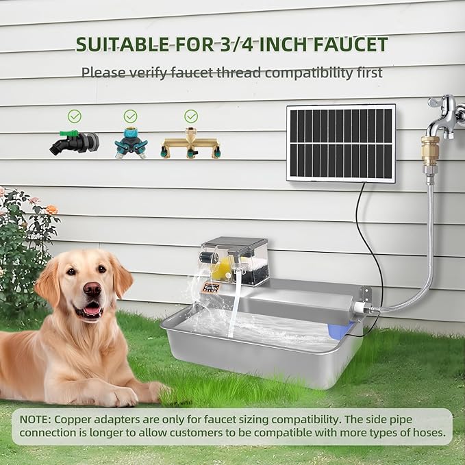 Automatic Water Dispenser for Dogs 2 Gallons, 304 Stainless Steel Solar Circulating Water Bowl for Pet Dog Cat and Livestock, 3/4" GHT Faucet Adapter - Indoor & Outdoor Use