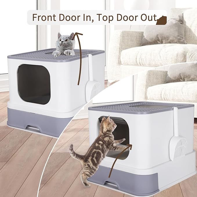 RIZZARI Stainless Steel Cat Box: Enclosed Design with High Walls - White with Deodorizer - Large Litter Pan for Odor Control - Balcony Laundry Room Use