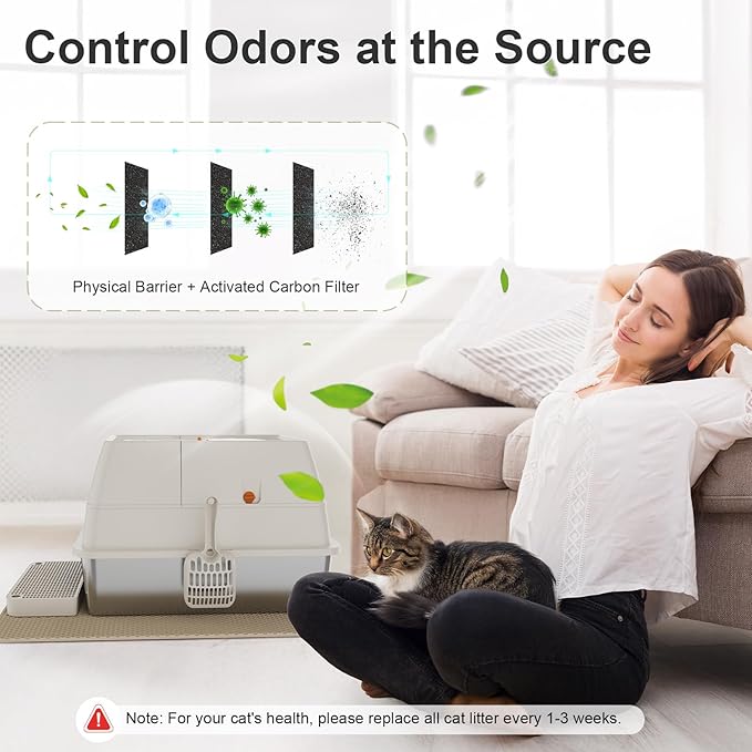 Stainless Steel Litter Box with Lid, XL Extra Large Litter Box, Enclosed Top Entry Metal Litterbox for Big Cats, Easy Cleaning, Anti-Leakage & High Sided with Mat, Aisle & Scoop, Beige