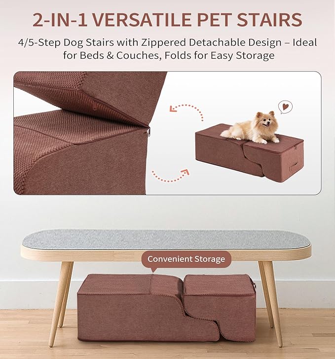Made4Pets Dog Stairs Ramp for High Bed, 5-Step Pet Stairs for Bed Couch Sofa Climbing, 35D Foam Pet Steps for Small Dogs and Cats, Non-Slip Bottom Dog Steps, Brown