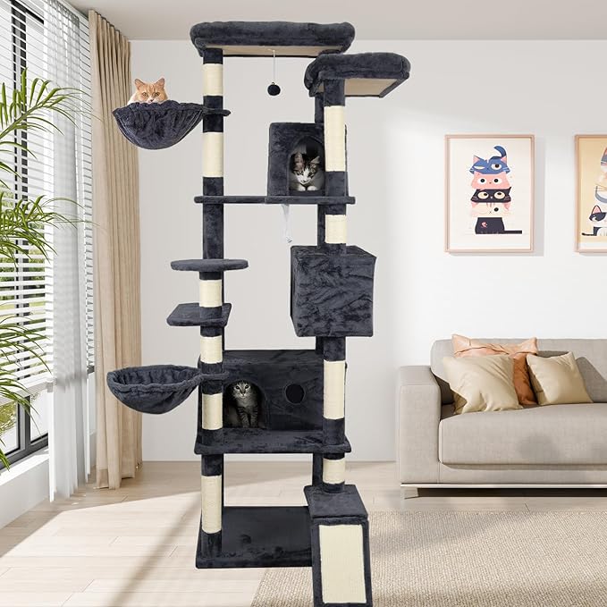 84.6in Cat Tree, Patent Fabric Multilevel Cat Tower for Adult Cats, Climbing Tree House and Towers with Condo Hammock Scratching Post Large Platform Wide Base (Dark Gray, 84 in)