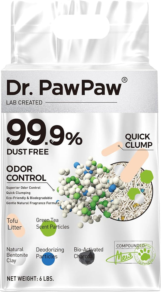 Tofu Cat Litter, Dr. PawPaw Clumping Cat Litter, Green Tea Scent 6 lb, Dust-Free Keep Kitty Tidy, Superior Odor Control Keep Step Fresh