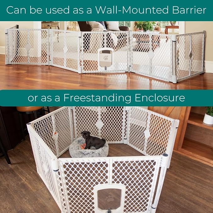 MyPet North States Petyard Passage: 6-Panel Dog Playpen or Dog Fence, Wall Mount Kit Included. Free Standing Play Pen 5.5 ft Corner to Corner, Lockable Pet Door. Made in USA. 26" Tall, Light Gray