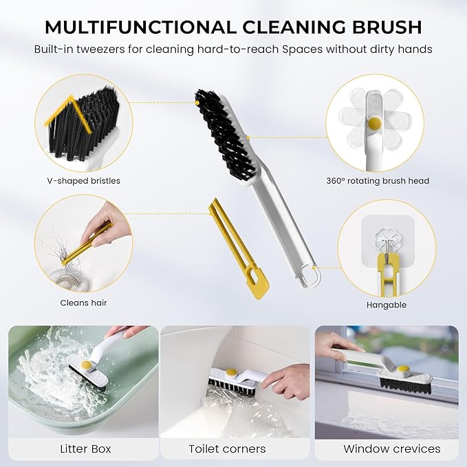 Litter Scoop Holder with Clean Kit,2-in-1 Mini Broom & Dustpan for Scattered Litter Food & Counter Trash,Cleaning Brush for Litter Box, Corners & Crevices with Built-in Tweezers to Remove Hair & Clogs