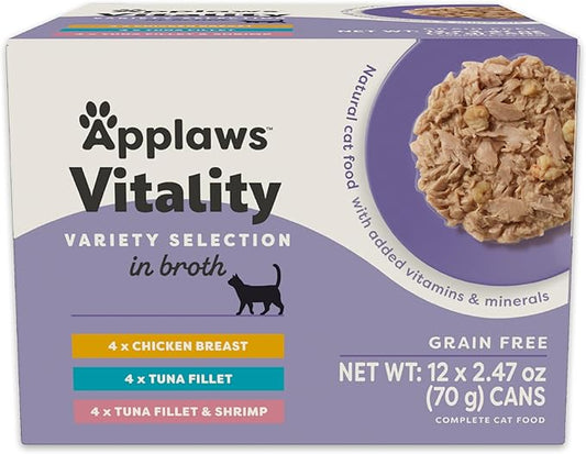 Applaws Vitality Wet Cat Food in Broth, Natural Cat Food with Added Vitamins & Minerals, Grain-Free, Carrageenan Free, Variety Selection in Broth (12 Count, 2.47 oz Cans)