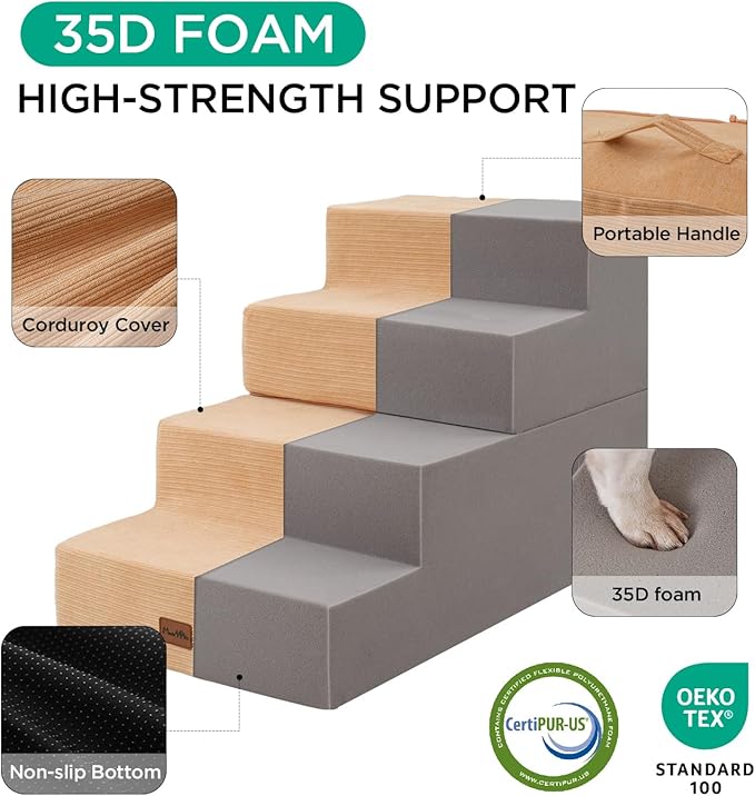Made4Pets Dog Stairs for Small Dogs, Extra Wide Dog Steps for Bed Couch Sofa and Chair, 35D Foam Pet Steps for Small Dogs and Cats(Up to 40lbs), Non-Slip Bottom Pet Stairs, Tan, 3 Steps