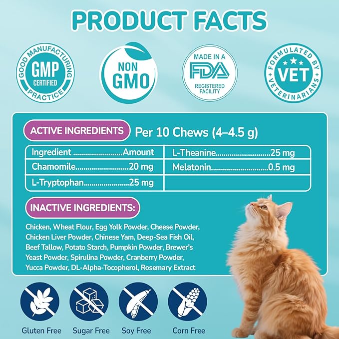 Cat Calming Treats, 500 Crunchy & Creamy Calming Chews for Cats, Natural Calming Cat Treats to Manage Stress & Anxiety, Tasty Calm Chews Supplement, Chicken Flavor