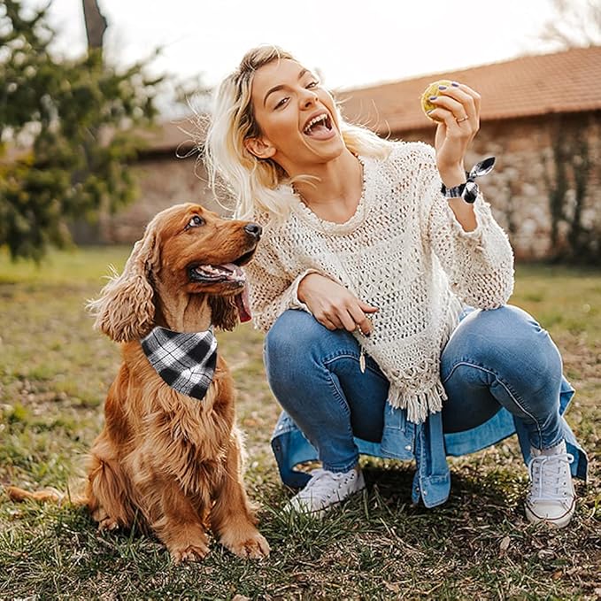 E-Clover Christmas Plaid Dog Scarf & Matching Scrunchie Set - Triangle Pet Bandana Bibs for Small Dog Puppy Owner Birthday Gifts - Black & White