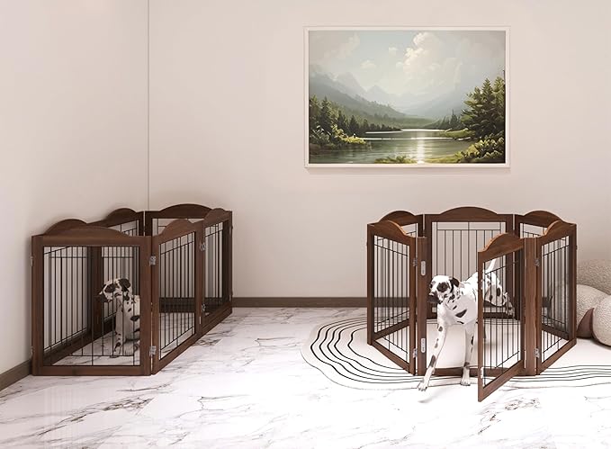 Vantas Folding No-Assembly Dog Door Pet Gate 144" Wide, 30" Tall Wooden Dog Gate with Door Walk Through, Freestanding Wire Pet Gate, Pet Puppy Safety Fence, with 2PCS Support – Brown