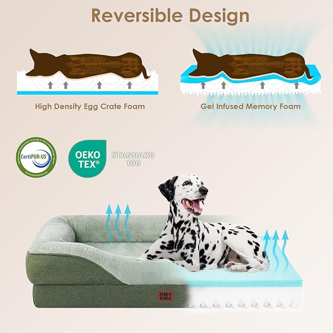 EHEYCIGA Memory Foam XL Dog Bed for XLarge Sized, Extra Large Orthopedic Dog Sofa with Sides and Waterproof Liner, Washable Bolster Pet Couch with Removable Cover, 42x30x7.5 Inch, Green