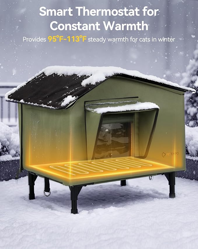 Heated Outdoor Cat House Weatherproof, 20"x16" Insulated Feral Cat Shelter with Pet Heating Pad, Escape Door & Observation Window for Kitten Puppy, UL Certified