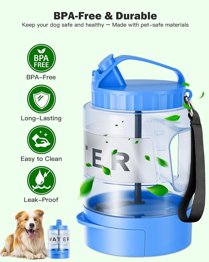 Large Dog Water Bottle Portable Bowl - 77oz Dog Travel Water Dispenser with Pull Out Bowl, Ideal for Hiking, Camping, Parks, Leak-Proof BPA-Free Outdoor Pet Bottle for Large Pets, Blue