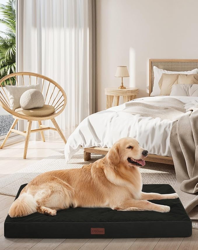 OhGeni Orthopedic Waterproof & Machine Washable Dog Bed for Medium Large Pets, Cat Mat with 25D Egg Crate Foam, Non-Slip Bottom & Removable Cover, 44 Inches(Black)