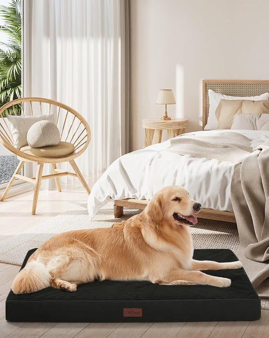 OhGeni Orthopedic Waterproof & Machine Washable Dog Bed for Medium Large Pets, Cat Mat with 25D Egg Crate Foam, Non-Slip Bottom & Removable Cover, 44 Inches(Black)