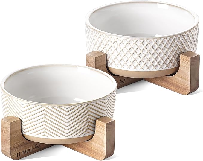 LE TAUCI PET Ceramic Dog Bowl Set, 4 Cups Food and Water Bowl for Medium Small Dogs, Cute Pet Dishes with Wood Stand, Rhombus+Wave Design (Set of 2)