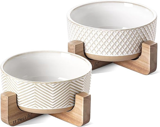 LE TAUCI PET Ceramic Dog Bowl Set, 4 Cups Food and Water Bowl for Medium Small Dogs, Cute Pet Dishes with Wood Stand, Rhombus+Wave Design (Set of 2)