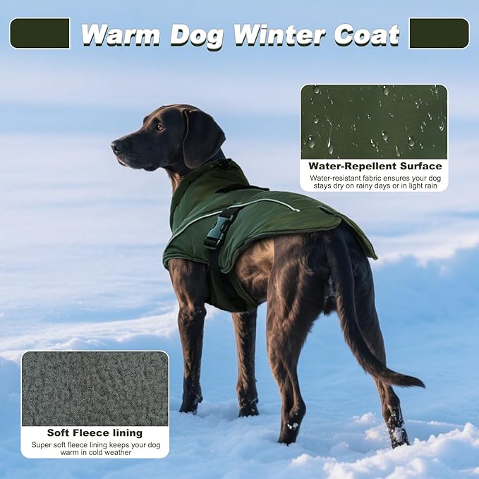 DENTRUN Large Dog Winter Coat - Windproof Reflective Warm Coat, Adjustable Neck & Snap Closure, Water Repellent Thick Fleece Vest, Fleece Lined for for Golden Retriever, Army Green, XL