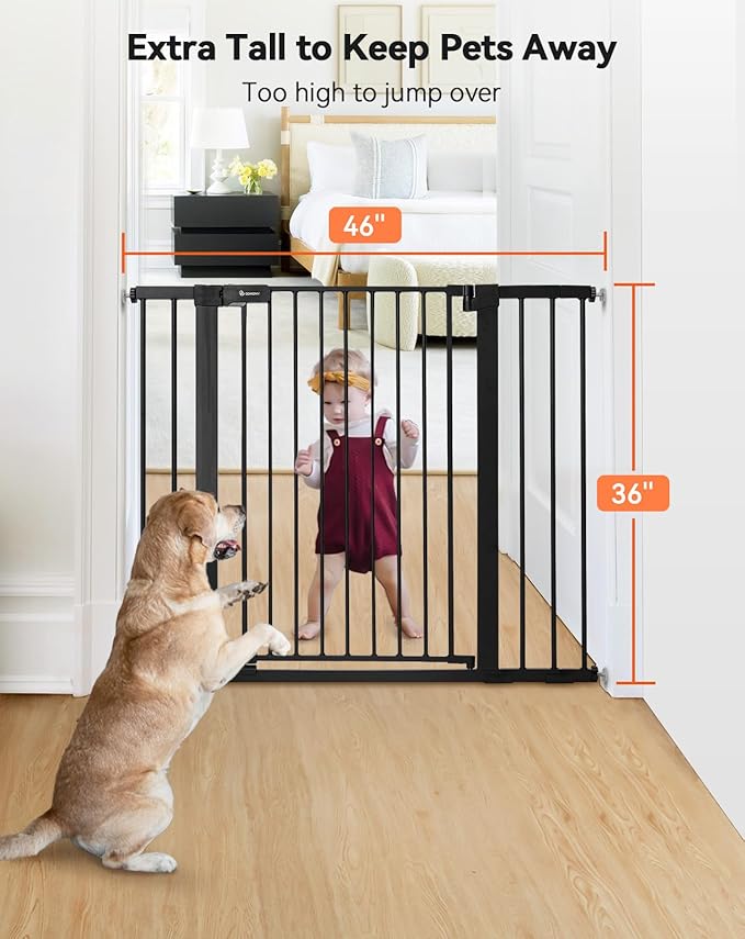 COMOMY 36" Extra Tall Baby Gate for Stairs Doorways, Fits Openings 29.5" to 46" Wide, Auto Close Extra Wide Dog Gate for House, Pressure Mounted Easy Walk Through Pet Gate with Door, Black