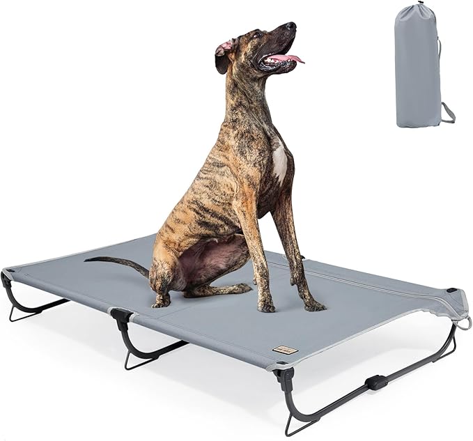 Daisy Cot, XL Foldable Elevated Dog Bed, Portable Raised Outdoor Folding Dog Cots, Cooling, Chew Proof, Waterproof, Heavy Duty Up to 160 lbs for Camping/Home, Grey, 49"x 33"x7"