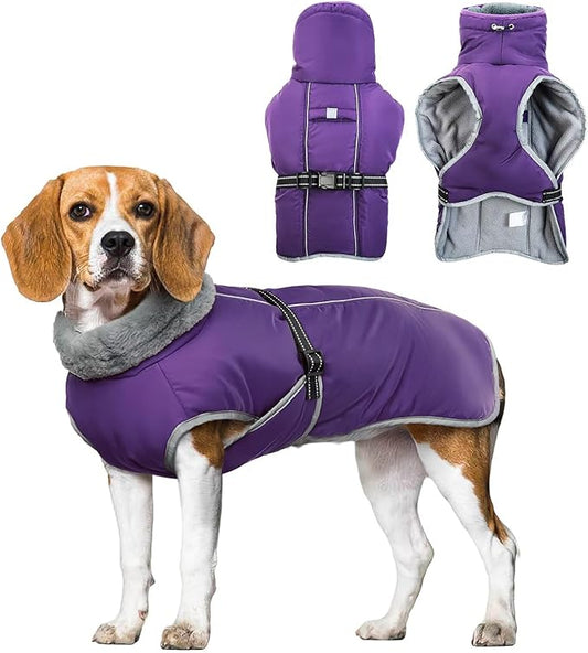 Warm Waterproof Dog Coat,Size M Dogs Jacket Pet Winter Coat for Cold Weather with Thicken Furry Collar,Reflective Puppy Winter Jacket Warm Fleece Lining for Medium Dogs,Purple,M