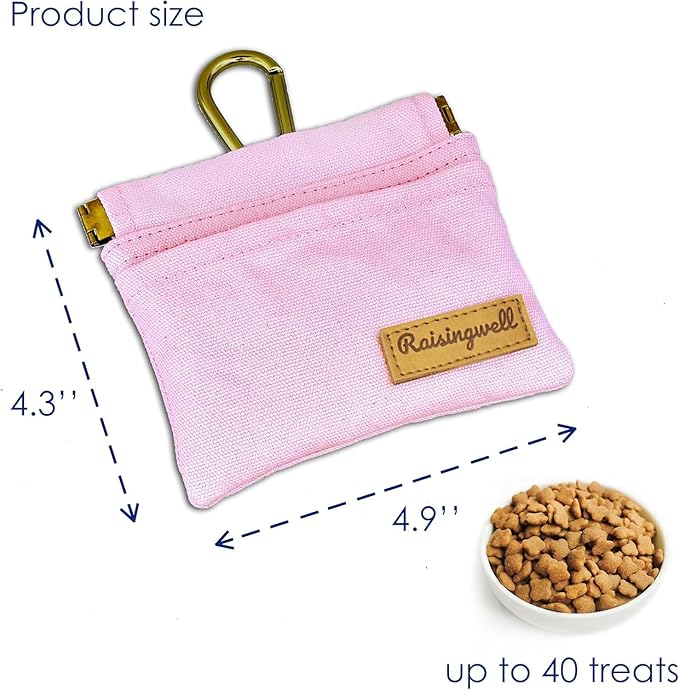 Dog Treat Pouch, Small Cotton Pocket Sized Training Holder, Hand Free Walking Fanny Bag with Carabiner, Self-Closing Pet Feed Snack Reward, Behavior Aids for Puppy Travel or Outdoor (Pink)