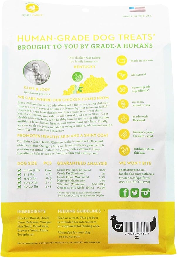 Spot Farms Chicken Jerky Healthy All Natural Dog Treats Human Grade for Skin and Coat 12 oz