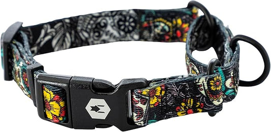 Wolfgang Heavy Duty Martingale Dog Collar with Quick Release Nylon Buckle for Walking & Training, LosMuertos Print, Medium
