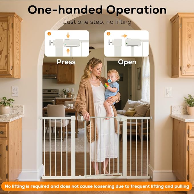 29.5-46" Baby Gate for Stairs, Baby Safety Essentials, Auto Close Gate for Doorways, Easy Install Pressure Mounted Dog Gate Indoor, Pet Gates for Dogs, White