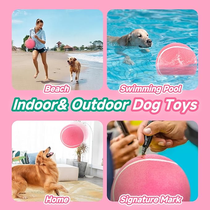 HETOO Large Dog Tennis Balls: 9.5 inch Pink Dog Toys- Giant Big Outdoor Dog Toys Balls- Dog Tennis Ball Toys for Small Medium Large Dogs- Pet Toys Birthday Gift