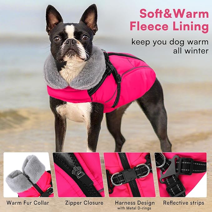 Queenmore Large Dog Jackets,Dog Coats for Extra Large Dogs with Harness Built in,Reflective Waterproof Dogs Jackets with Fleece Lining,Warm Snowsuit Pet Coats for German Shepherd,Rosered,XXXL