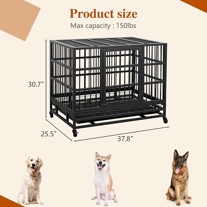 Vongrasig 38 Inch Heavy Duty Indestructible Dog Crate, Escape Proof Dog Cage Kennel with Lockable Wheels,High Anxiety Double Door Dog Cage,Extra Large XL XXL Crate Indoor for Large Dogs