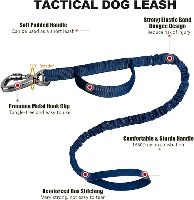 Tactical Dog Collar and Bungee Leash,Military Dog Collar & Leash Set with USA American Flag Adjustable K9 Collar with Heavy Duty Metal Buckle & Handle,with Patches and Airtags Case (Blue, XL)