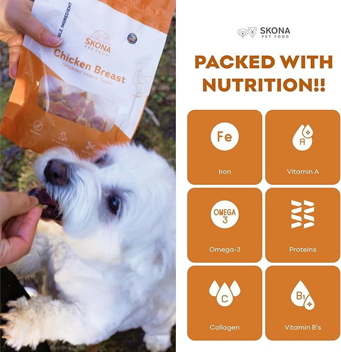 Skona PetFood Chicken Breast Jerky Dog & Cat Treats, Single-Ingredient, High Protein Training Snacks, Natural, Vitamin-Rich, USA Made, Supports Heart, Eye & Dental Health, Healthy & Tasty, 4oz