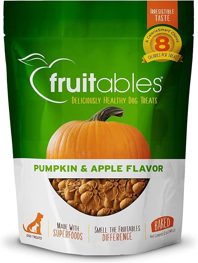 Fruitables Baked Dog Treats, Healthy Pumpkin Treat for Dogs, Low Calorie & Delicious, Free of Wheat, Corn and Soy, Made in the USA, Pumpkin and Apple Flavor, 7oz