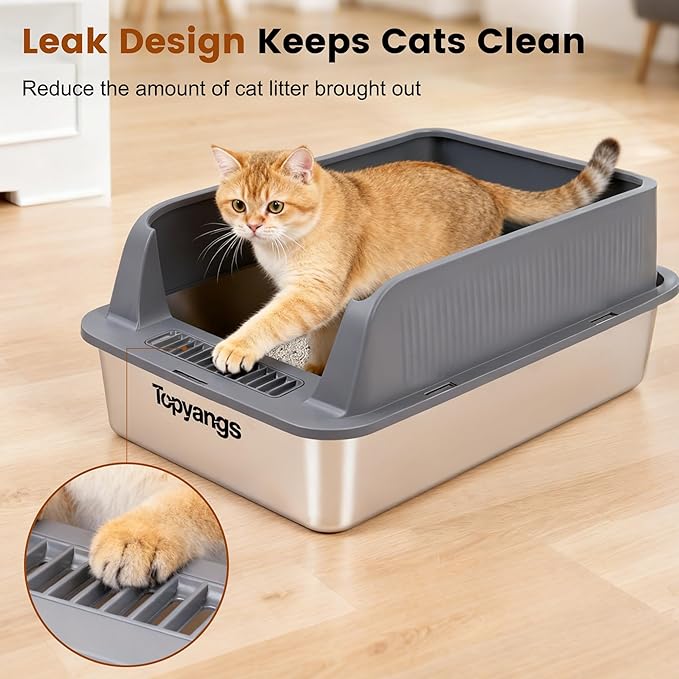 2-Pack Stainless Steel Litter Box, Extra Large Litter Boxes for Big Cats, XL Metal Cat Litter Box with Lid High Sides, Anti-Urine Leakage, Non-Sticky, Scoop Included