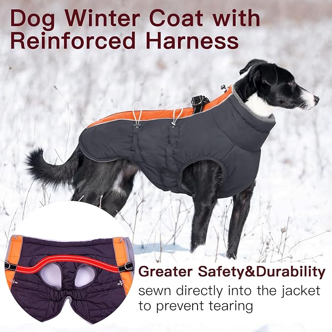 Dog Winter Jacket - XX Large, Warm Zip Up Snowsuit Dog Harness Vest, Reflective, Water-Resistant, Orange-Gray