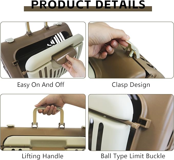 Foldable Travel Cat Carrier, Small Cat Carrier Hard Up to 25lbs, 18" Lx14.5 Wx14 H Front Open Type Plastic Cat Carriers, Beige + Coffee