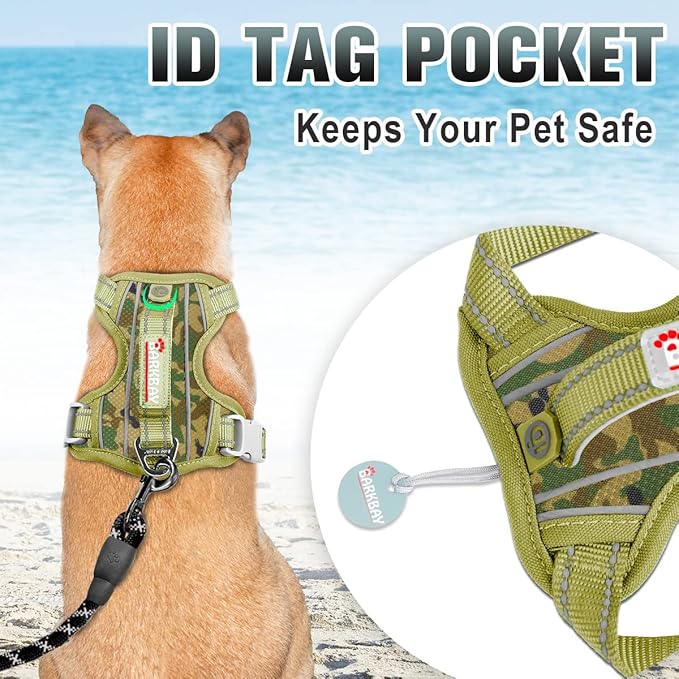 BARKBAY No Pull Dog Harness Large Reflective Dog Harness with Front Clip and Easy Control Handle for Walking Training Running with ID tag Pocket(Camo,L)