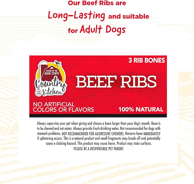Country Kitchen Beef Rib Bones Dog Treats, 100% Natural, 3 Count