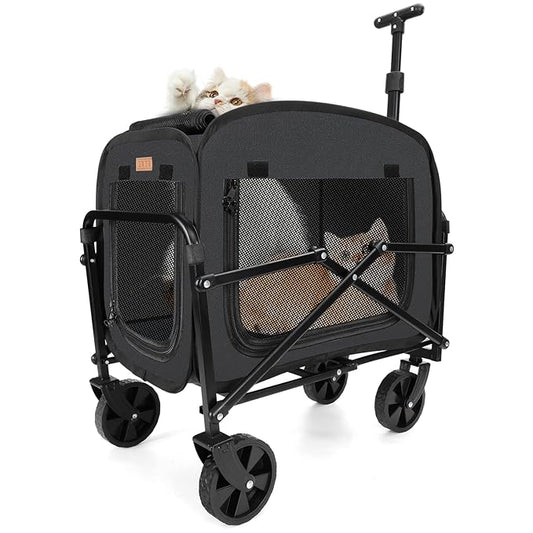 Lekereise Extra Large Pet Carrier with Wheels – Soft-Sided Foldable Rolling Cat Carriers for 2 Small Cats or Medium Large Dog Under 30lbs, Stable & Ventilated Travel Crate for Camping Outdoor, Black