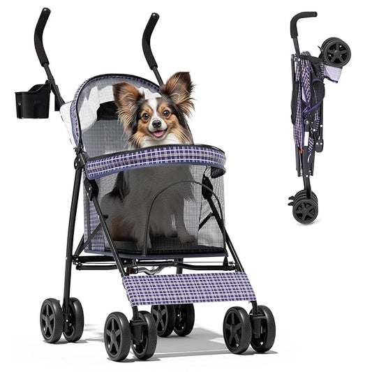 Magshion Compact Pet Stroller for Small-Medium Dogs/Cats up to 22lbs, 4-Wheel Lightweight Umbrella Shaped Portable Puppy Travel Jogger with Breathable Mesh, Cup Holder & Rear Storage, Plaid
