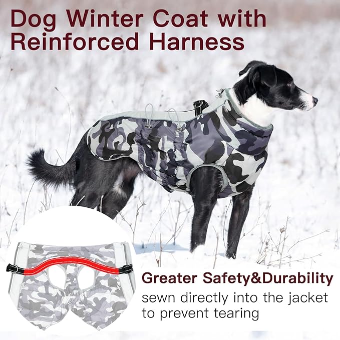 Dog Coat Winter Warm Dog Jackets for Large Dogs Reflective Snowsuit with Harness Fleece Dogs Snow Jacket Waterproof Pet Clothes for Cold Weather