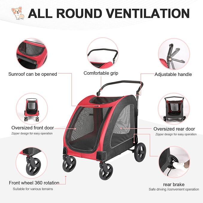 Dog Stroller with 4 Wheels, Folding Cat Strolling for Small/Medium/Large Dogs & Cats to 120 lbs, pet Stroller with Removable Carrier, Storage Basket,Cup Holder (Black Red)