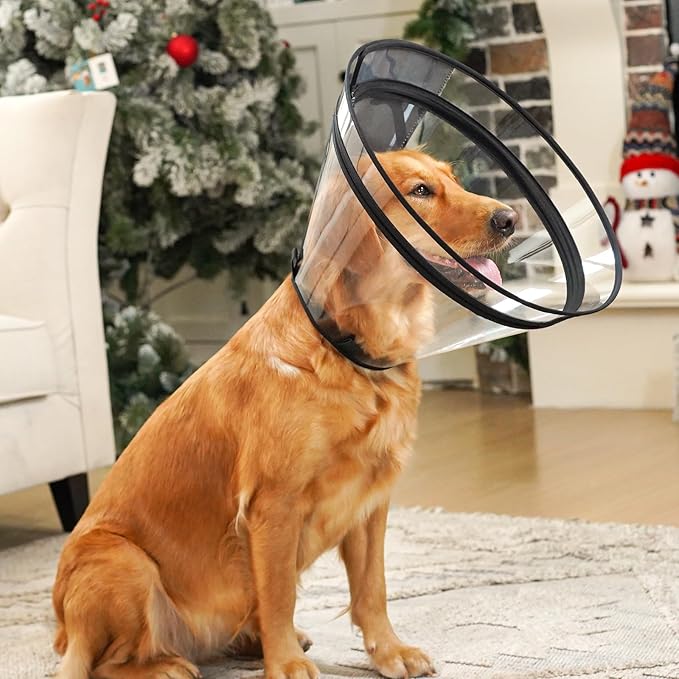 Dog Cone, Transparent Recovery Collar for Large Medium Small Dogs, E Collar After Surgery to Stop Licking, Depth Adjustable Soft Cone Not Block Vision Patented
