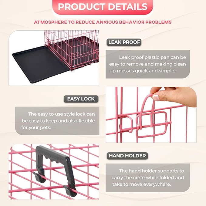 FDW Dog Crate for Medium Dogs 30 Inch Folding Metal WirePet Cage Double Door W/Divider Panel Indoor Outdoor Kennel Leak-Proof Plastic Tray,Pink