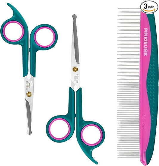 Pet Grooming Scissors Kit, Dog Grooming Shears with Stainless Steel Rounded Tip Blades for Safe Fur Trimming for Dog, Cat, Includes Pet Comb (Set of 3)