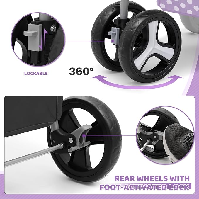 Magshion Foldable Pet Stroller, 3-in-1 Dog Travel Jogger with Detachable Carrier, Cup Holder, Storage Basket, Folding Carrier for Small/Medium Dogs & Cats Up to 33 lbs, Purple Polka Dots