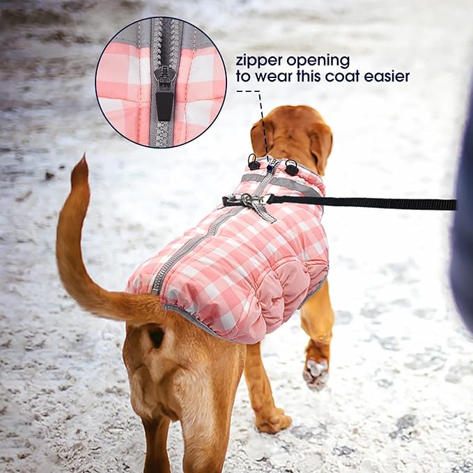 FUAMEY Dog Coat for Medium Dogs,Waterproof Dog Winter Jacket with Harness Built in Puppy Cold Weather Coats Reflective Pet Vest with Zipper Warm Fleece Dogs Snowsuit Windproof Pink Plaid M
