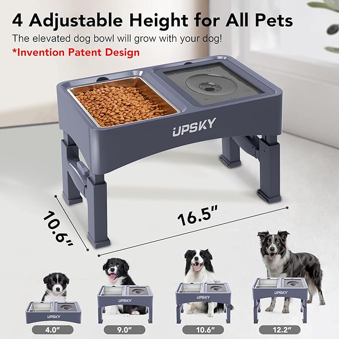 UPSKY 3-in-1 Elevated Dog Bowls Slow Feeder, Adjustable Stand, Stainless Steel Food & No Spill Pet Water Bowl for Small Medium Dogs, Blue