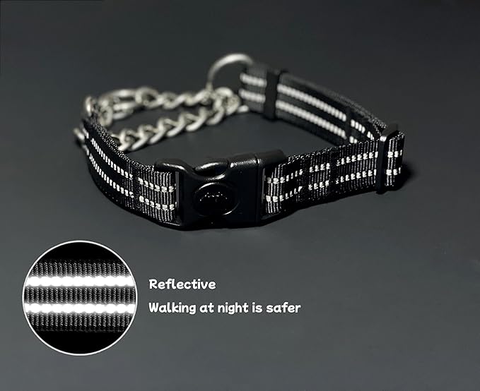 Martingale Dog Collars, Reflective Nylon Collar with Stainless Steel Chain, Adjustable Walking Training Dog Collars with Quick Release Buckle, Suitable for Small Medium Large Dogs(Black,S)